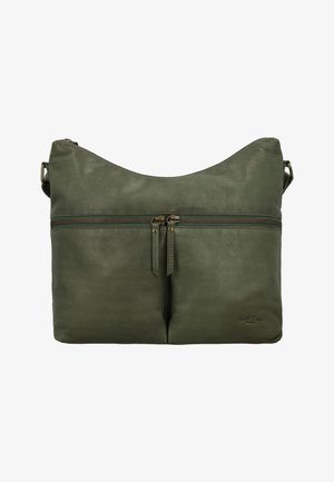 Olive green leather shoulder bag with double zipper pocket on front and adjustable strap.
