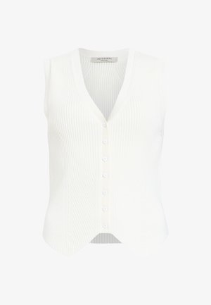 Bílá ribrová pletená vesta s výstřihem do V, vybavená zapínáním na knoflíky a zvlněným lemem. Vyrobena z měkkého materiálu s texturovaným povrchem.