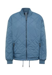 Veste bomber matelassée bleue avec fermeture éclair frontale, col et poignet côtelés, poches latérales zippées et cordons de serrage ajustables à l'ourlet.