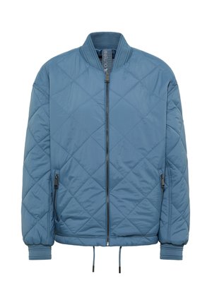 Veste bomber matelassée bleue avec fermeture éclair frontale, col et poignet côtelés, poches latérales zippées et cordons de serrage ajustables à l'ourlet.