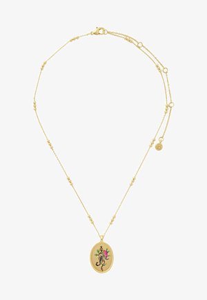 Guldhalsband med en delikat kedja som har växelvis rundade pärlor, en oval medaljong med blommönster i rosa och grönt.