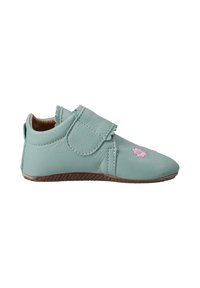 Light blue leather shoe with a rounded toe, Velcro strap, ruffled accents, and pink floral embroidery on the toe. Brown rubber sole.