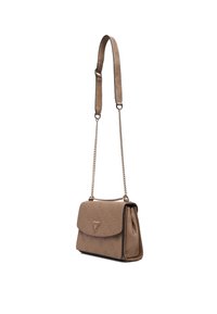 Borsa a tracolla in pelle beige con texture, chiusura a patta, tracolla a catena e dettagli con logo. Dimensioni compatte, design strutturato e finitura liscia.