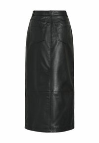 Crna kožna midi suknja s glatkom teksturom, ravnog kroja, detaljima na stražnjim džepovima i uskim pojasom. Sadrži minimalističke akcentne šavove.