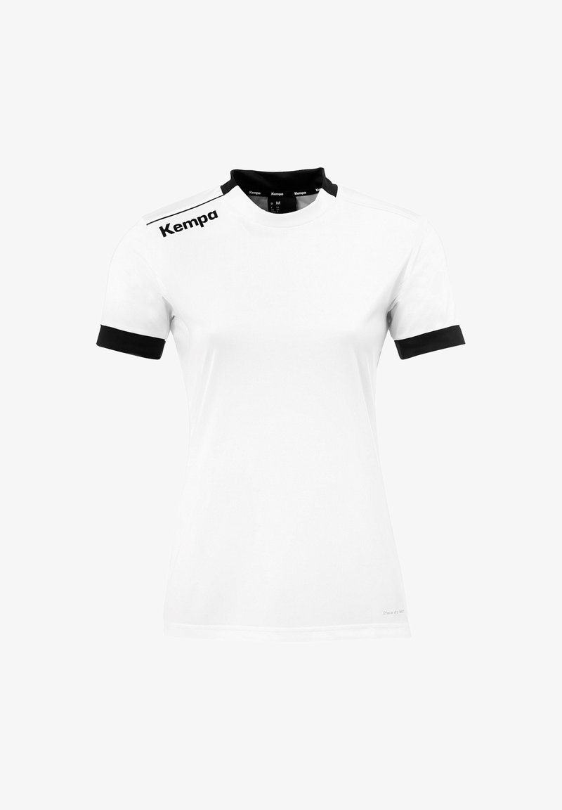 Witte korte mouwen shirt met zwarte accenten op de kraag en mouwen. Kenmerkend is het "Kemp" logo op de linker schouder. Glad stof textuur.