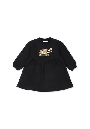 Abito nero a maniche lunghe con scollatura tonda, caratterizzato da una grafica di un orso e cuori dorati, vita elastica e tasche a forma di cuore.