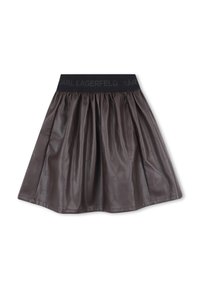 Bruine neplederen rok met gegatherde design, elastische tailleband met 'KARL LAGERFELD' logo en subtiel reliëfletterpatroon.