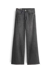 Grijze jeans met wijde pijpen, gemaakt van denim met een vervaagde afwerking. Voorzien van een knoopsluiting, twee voorkruiszakken en schone naden.
