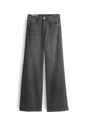 Grijze jeans met wijde pijpen, gemaakt van denim met een vervaagde afwerking. Voorzien van een knoopsluiting, twee voorkruiszakken en schone naden.