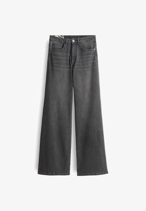 Jeans grigi a gamba larga in denim con finish sbiadito, dotati di chiusura a bottone, due tasche frontali e orli puliti.