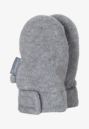 Graue gefütterte Fäustlinge mit einem umgeschlagenen Saum und einem kleinen Etikett auf einer Seite. Weiche Textur, abgerundete Form, entworfen für Wärme und Komfort.