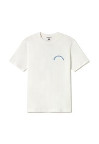 Weißes Baumwoll-T-Shirt mit kurzen Ärmeln, rundem Ausschnitt und blauem, geschwungenem Text "APERITIVO AL SOLE" im linken Brustbereich.