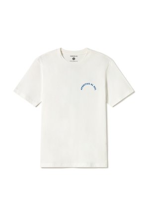 Weißes Baumwoll-T-Shirt mit kurzen Ärmeln, rundem Ausschnitt und blauem, geschwungenem Text "APERITIVO AL SOLE" im linken Brustbereich.