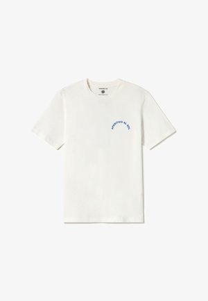 Weißes Baumwoll-T-Shirt mit kurzen Ärmeln, rundem Ausschnitt und blauem, geschwungenem Text "APERITIVO AL SOLE" im linken Brustbereich.