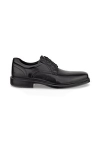 Schwarzer Leder-Formalschuh für Herren mit Schnürung, niedrigem Absatz und abgerundetem Zehenbereich, Seitenansicht auf weißem Hintergrund.