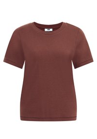 Hnědé tričko s krátkým rukávem z měkké bavlny; kulatý výstřih, rovný střih a minimalizované švy. Vhodné pro neformální nošení.