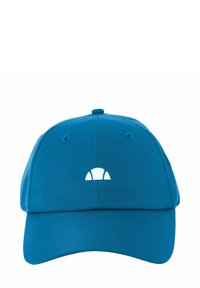 Blaues Baseballcap mit gebogenem Schirm. Aus glattem Stoff gefertigt, mit einem kleinen weißen Logo auf der Vorderseite. Sichtbare Nähte.