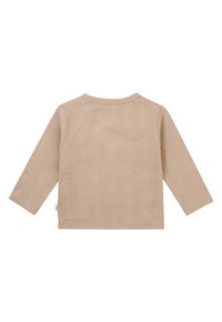 Beige lange mouwen shirt met ribbelstructuur, ronde hals en versterkte naden. Achteraanzicht toont een eenvoudige uitstraling zonder extra accenten.