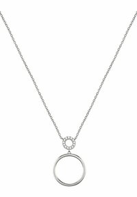 Sølv halskæde med kæde, der har en rund vedhæng og en rund krystalaccent. Vedhænget er glat og udekoreret.
