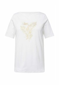 Camiseta de manga corta blanca hecha de algodón suave, con un diseño de helecho en color dorado en el centro. Cuello redondo y corte relajado.