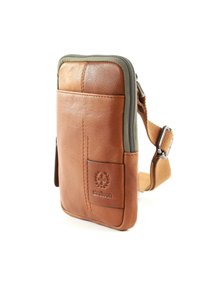 Helles Leder-Smartphone-Etui mit grauem Reißverschluss und verstellbarem Tragegurt; verfügt über eine Fronttasche mit geprägt Logo und dezentem Nähdetail.
