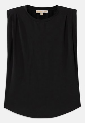 Top nero realizzato in morbido tessuto, con scollatura rotonda, maniche corte con plissettature e orlo leggermente curvato. Nessun motivo o dettaglio visibile.