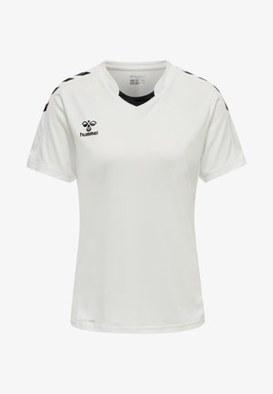 Biely športový dres vyrobený z ľahkej tkaniny, s výstrihom v tvare V, čiernymi akcentmi na pleciach a logom na hrudi.