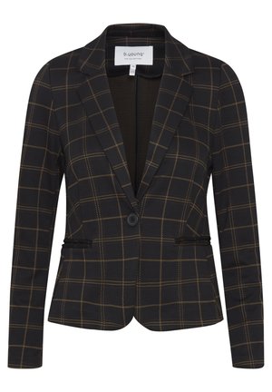 Blazer noir avec un motif à carreaux marron, fermeture à un bouton, revers crantés et deux poches avant. Texture lisse, design ajusté.