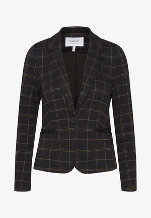 Zwarte blazer met een bruin ruitpatroon, sluiting met één knoop, met gesneden revers en twee voorzakken. Glad textuur, op maat gemaakte design.