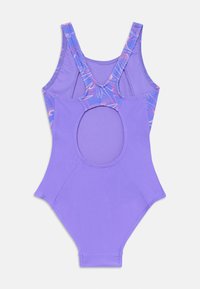 Purple one-piece swimsuit featuring a cut-out back, crossback straps in a contrasting design with pink and blue patterns.