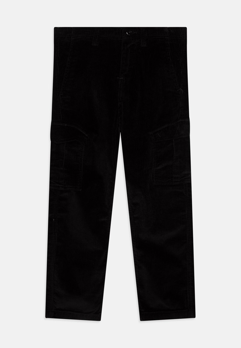 Pantalon cargo en velours côtelé noir avec une coupe droite, doté de poches latérales et d'un tissu texturé. Conçu pour la praticité et le confort.