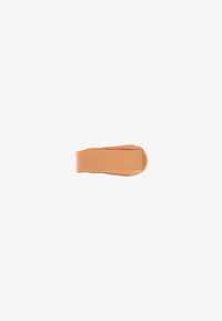 Liquid foundation swatch in a warm beige shade, smooth texture, slightly glossy finish, with a tapered edge and uniform application.