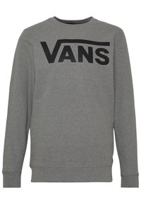 Sudadera gris hecha de una mezcla de algodón, con mangas largas, cuello redondo y un audaz logo negro de "VANS" en el pecho.