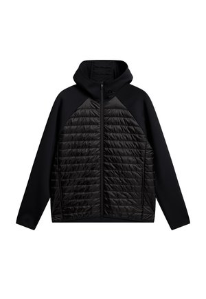 Schwarze Zip-Jacke mit Kapuze, ausgestattet mit einem gepolsterten Frontbereich und glattem, dehnbarem Stoff an Ärmeln und Rücken. Keine sichtbaren Logos.