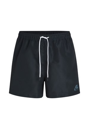 Zwarte zwembroek met elastische tailleband, witte trekkoord en klein logo op het onderste linkerbeen.