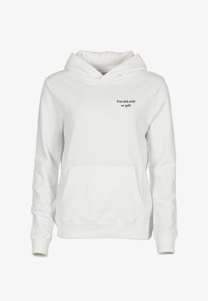 Sweat-shirt blanc à capuche avec poche avant et petit texte noir en allemand sur le côté gauche de la poitrine indiquant « Freu dich nicht zu spät. »