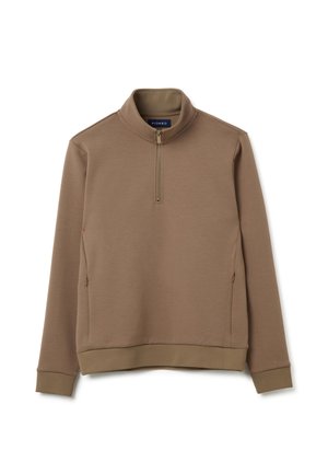 Sudadera cremallerada marrón hecha de una tela suave. Presenta un cuello alto, mangas largas, una cremallera en la parte delantera y puños y dobladillo acanalados.