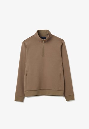 Brown zippered pullover made of soft fabric. Features a high collar, long sleeves, front zipper, and ribbed cuffs and hem.