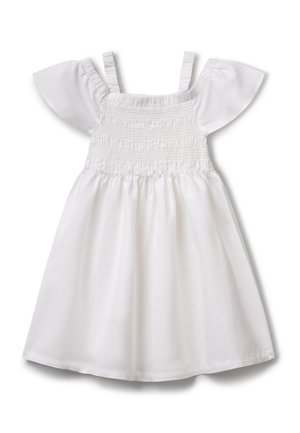 Robe blanche avec un corsage smocké ajusté, des manches volantées et une jupe évasée. Fabriquée en tissu léger au toucher doux.