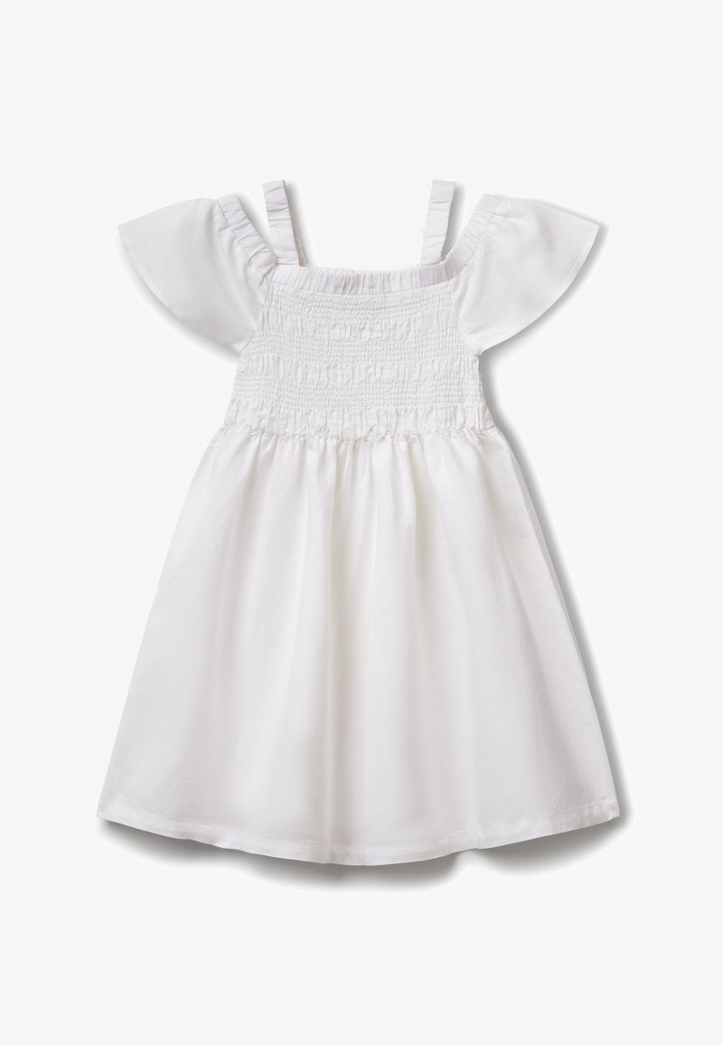 Robe blanche avec un corsage smocké ajusté, des manches volantées et une jupe évasée. Fabriquée en tissu léger au toucher doux.