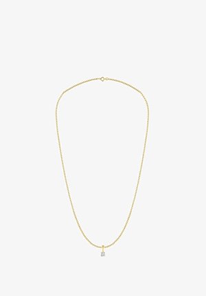Zlatý náhrdelník s jemným reťazovým dizajnom, vybavený malým štvorcovým príveskom s priehľadným drahokamom.
