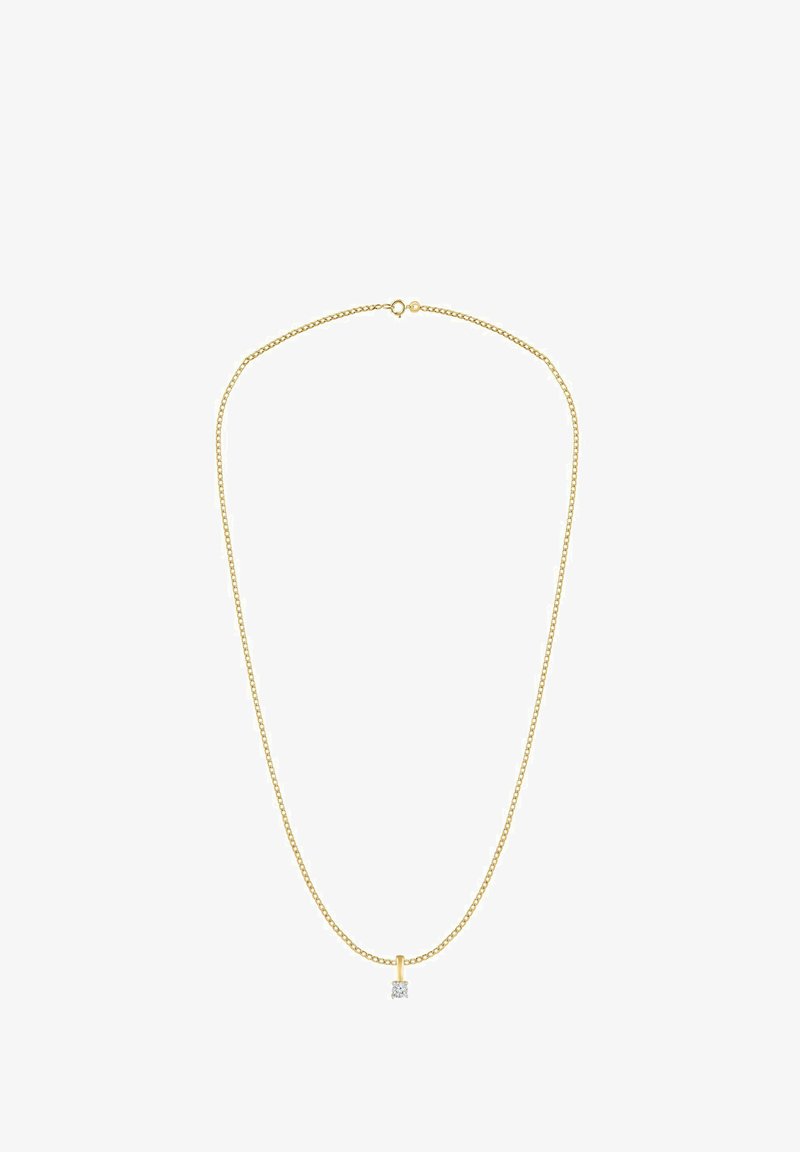 Kuldne kettkaelakee õrna lülidega disainiga, millel on väike ruudukujuline ripats selge vääriskiviga.