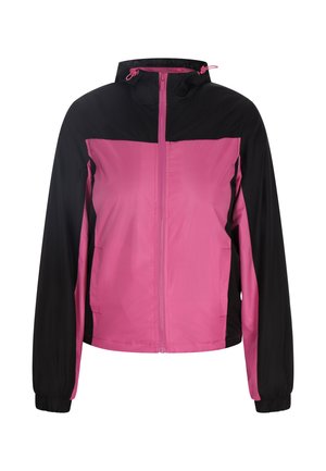 Roze en zwarte windjack met rits aan de voorkant, verstelbare capuchon, elastische manchetten en twee zijzakken. Glad, lichtgewicht stof.