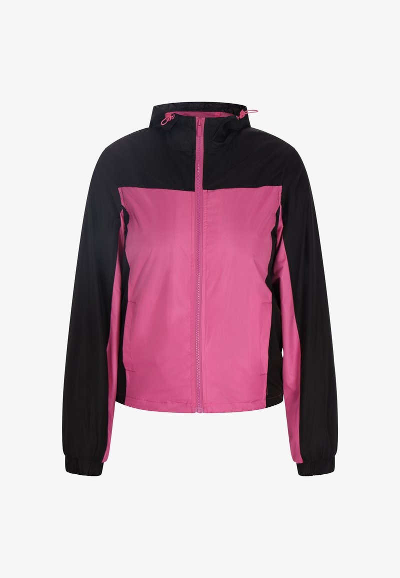 Roze en zwarte windjack met rits aan de voorkant, verstelbare capuchon, elastische manchetten en twee zijzakken. Glad, lichtgewicht stof.