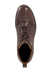 Brown leather lace-up boot with a round toe, contrasting yellow interior lining, and a pull tab at the heel, featuring a smooth texture.