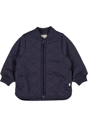 Granatowa pikowana kurtka dla malucha z pełnym zamkiem z przodu, prążkowanym kołnierzem i mankietami oraz bocznymi kieszeniami.