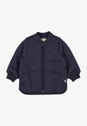 Granatowa pikowana kurtka dla malucha z pełnym zamkiem z przodu, prążkowanym kołnierzem i mankietami oraz bocznymi kieszeniami.