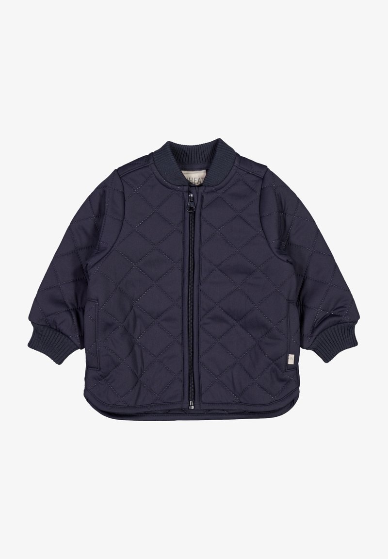 Veste matelassée bleu marine pour tout-petit avec fermeture éclair intégrale à l'avant, col et poignets en côtes, et poches latérales.