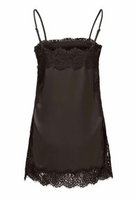 Robe nuisette en satin noir avec fines bretelles réglables et bordure en dentelle fleurie le long du décolleté, des côtés et de l'ourlet.
