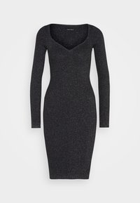 Black knitted dress with long sleeves, a deep V-neck, and a fitted silhouette. Subtle shimmer detail throughout the fabric.